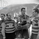 6210152 Hockey Spengler Cup, 1948 (b/w photo); (add.info.: Players from LTC Prague pose after the final of the Spengler Cup against HC Davos with the cup, recorded in late December 1948. Prague wins the game 10:0 and becomes Spengler Cup winner.); Photopress Archiv/Keystone.