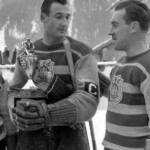 6210152 Hockey Spengler Cup, 1948 (b/w photo); (add.info.: Players from LTC Prague pose after the final of the Spengler Cup against HC Davos with the cup, recorded in late December 1948. Prague wins the game 10:0 and becomes Spengler Cup winner.); Photopress Archiv/Keystone.